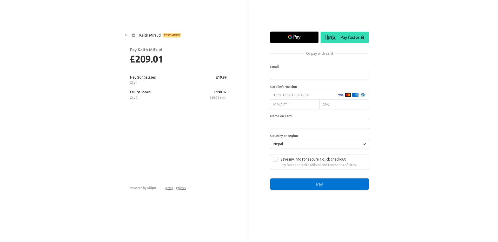 Stripe checkout screen